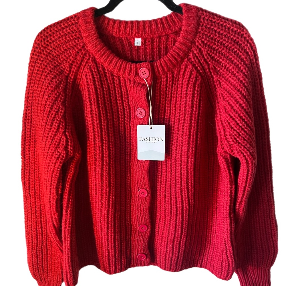 NWT Red Chunky Button Front Cardigan Preppy Academic CottageCore Sweater